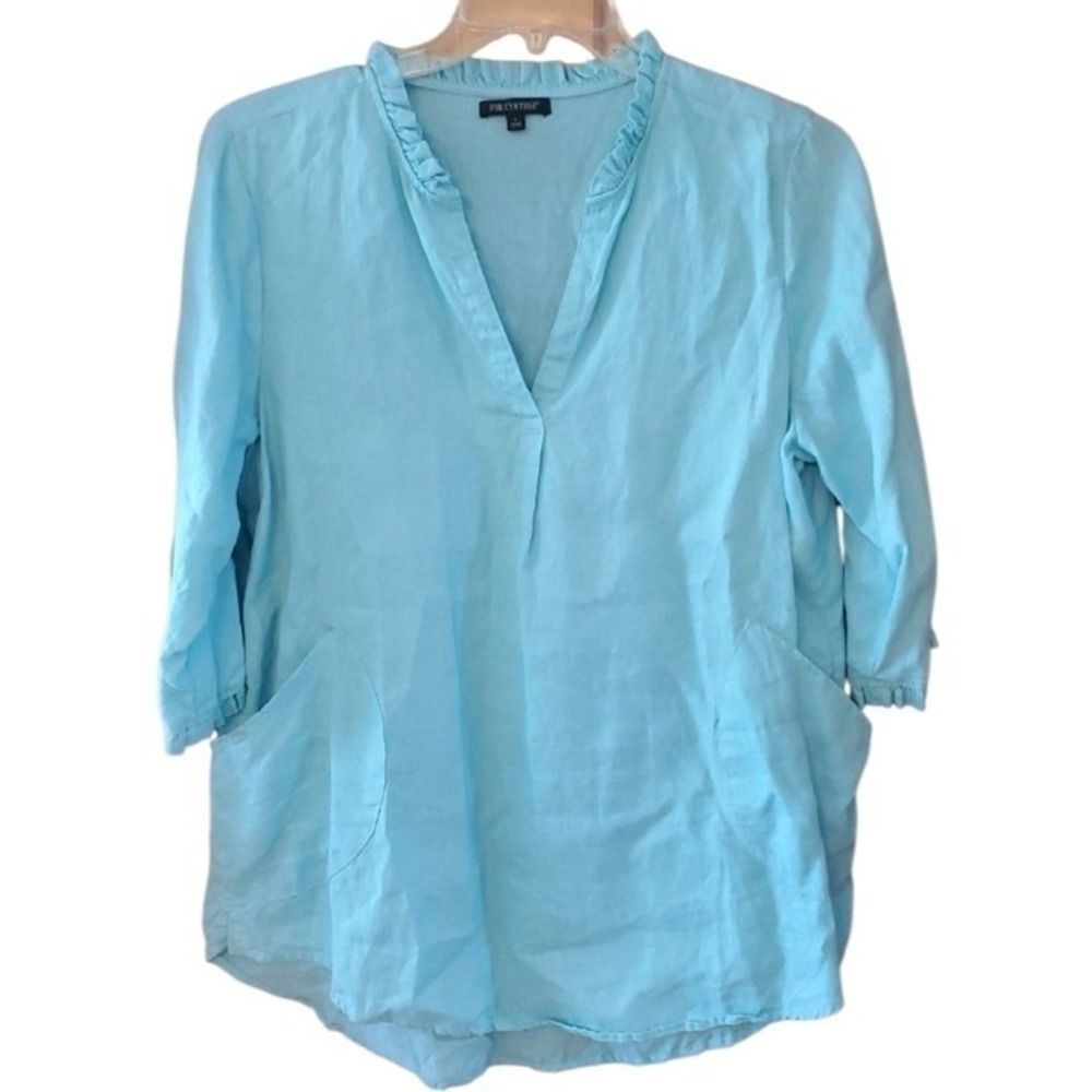 For Cynthia Womans 100% Linen Aqua Ruffle Edge Tunic Top Size Large